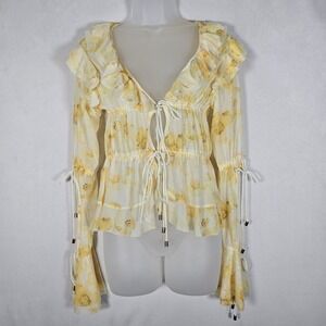 Amylynn Top Womens M Butter Yellow Sheer Tie Front Floral Bell Sleeve Y2K Hippie